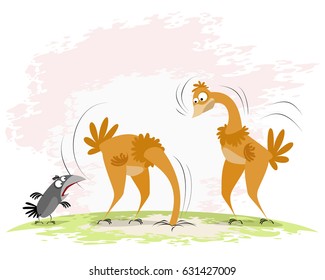 Vector illustration of a two ostriches and crow