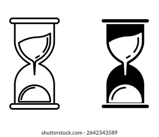 Vector illustration of two outlined hourglass icons in flat style, one filled with solid black and one with transparent outline, suitable for UI design, web icon, or time management graphic