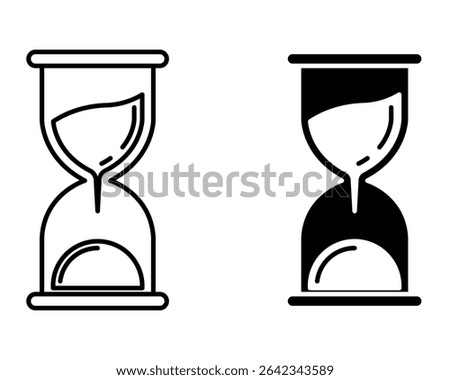 Vector illustration of two outlined hourglass icons in flat style, one filled with solid black and one with transparent outline, suitable for UI design, web icon, or time management graphic
