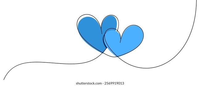 Vector illustration of two overlapping blue hearts outlined in black, connected by a flowing elegant line, symbolizing love and unity.