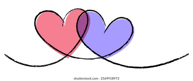 Vector illustration of two overlapping hearts in pink and purple, connected by a flowing black line. Perfect for love-themed designs.