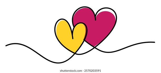 Vector illustration of two overlapping hearts, one yellow and one magenta, connected by flowing black lines, symbolizing love and connection.