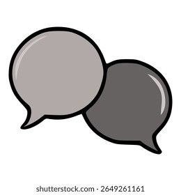 Vector illustration of two overlapping speech bubbles in gray and dark gray tones, featuring a bold black outline and subtle highlight effects for a modern communication design.