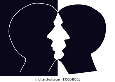 Vector illustration of two owerlap heads isolated on black and white background like optical illusion