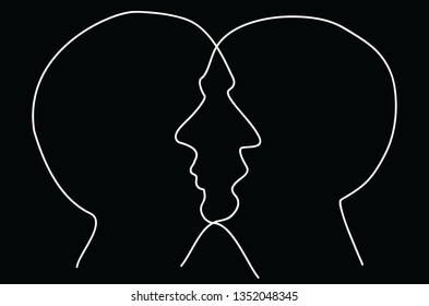Vector illustration of two owerlap outline silhouette heads isolated on black background like optical illusion