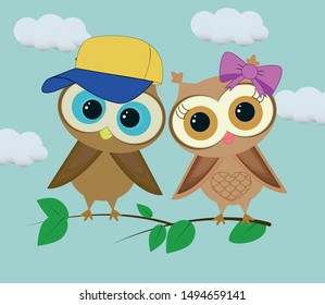 Vector illustration two owls boy and girl are sitting on a branch. Love. They have beautiful eyes, a cap and a bow.