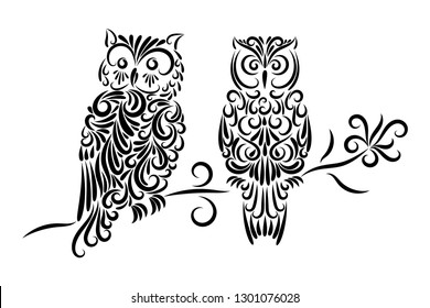 Vector illustration two owls on branch. Owls from the elements of the ornament. Figure black line. Lace contour owls. Image for your decor and design. Tattoo. T-shirt printing. Birds.