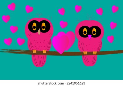 Vector illustration of two owls perched on a branch in love and a floating heart beside it on an isolated green background