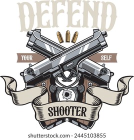 Vector Illustration of Two P1911 Pistol with Vintage Illustration Available for Shooting badge