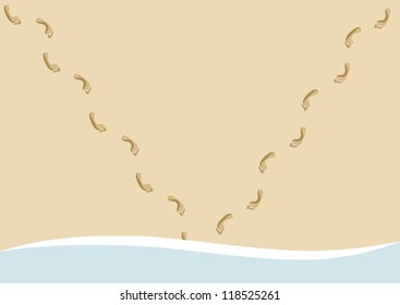 vector illustration of two pairs of bare footprints on the beach, heading to the blue sea, meeting on the shore line