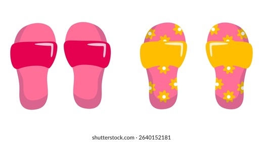 Vector illustration of two pairs of colorful women’s slide sandals, one floral yellow and one pink, perfect for summer fashion themes.
