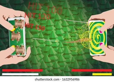 Vector illustration with two pairs of hands with mobile phones fighting in a mobile game on the network.Concept-joint entertainment over a network with friends and multiplayer games over the Internet.