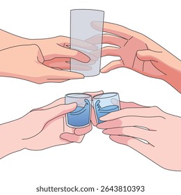 Vector illustration of two pairs of hands passing drinking glasses. Represents kindness, hydration, teamwork, care, and social interaction. Perfect for medical, health, or community concepts.