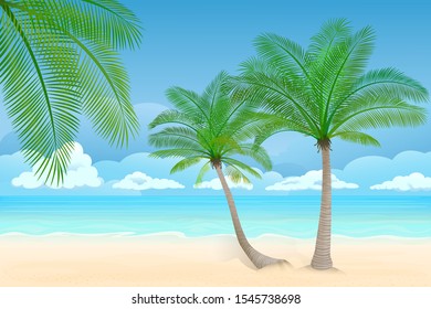 Vector illustration - two palm trees on a beach. Sand, ocean on background.