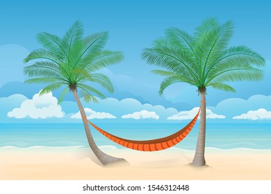 Vector illustration - two palm trees on a beach. Sand, ocean on background. Hammock to relax.