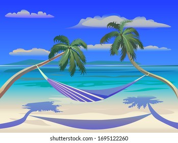 Vector illustration - two palm trees on a beach. Sand, ocean on background. Hammock to relax. Chill out