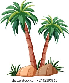 Vector illustration of two palm trees on rocks
