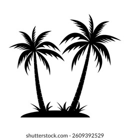 A vector illustration of two palm trees in silhouette, rooted on a small island base. Ideal for print, digital use, logos, or travel-themed projects.