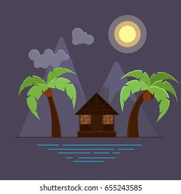 Vector illustration with two palms and bungalow on beach. Mountains on background. Night sea landscape.