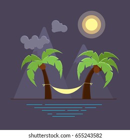 Vector illustration with two palms and hammock on beach. Mountains on background. Night sea landscape.