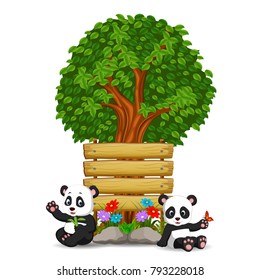 vector illustration of two pandas in front of an empty wooden signboard