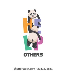 ilustración vectorial de dos pandas sosteniéndose unos a otros ayudando a su amigo a escalar, mensaje moral, diseño simple para camiseta, fondo, sitio web y banner