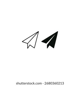 Ilustração vetorial de dois aviões de papel Um contorno, Um ícone preto sólido Sem fundo branco