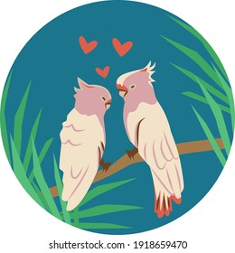 vector illustration, two parrots male and female are sitting on a branch on a blue background, surrounded by foliage, with hearts between them, couple of birds in love