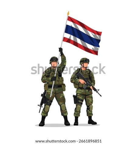 Vector illustration of two patriotic Thai soldiers in full gear, one holding the national flag, represents the country's armed forces and defense, Thai soldiers.