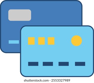 Ilustração vetorial de dois cartões de pagamento com design minimalista. Cartão azul com imagens de alta qualidade. Adequado para apresentações, artigos ou design gráfico relacionados a finanças, bancos ou e-commerce.