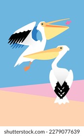 Ilustración vectorial de dos aves pelíclicas de colores pastel