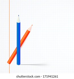 Vector illustration of two pencils isolated on sheet of exercise book