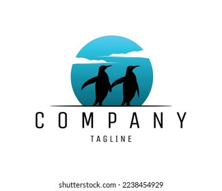 vector illustration of two penguins isolated on white background appearing from behind against blue sky. best for logo, badge, emblem, icon, sticker design and animal industry in north arctic.