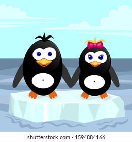 Vector Illustration Two Penguins On An Ice Floe, A Boy And A Girl Holding Hands, Against The Backdrop Of The Ocean And Sky With Clouds. Can Be Used For Postcards, Web Page Design, Eps 10