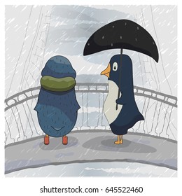 Vector illustration of two penguins on a bridge in the rain