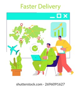 Vektorgrafik von zwei Personen, die die globale Logistik analysieren. Eine Person sitzt mit einem Laptop, während die andere mit Dokumenten steht und eine Karte und eine Wachstumskarte überwacht, um die Lieferung zu beschleunigen.