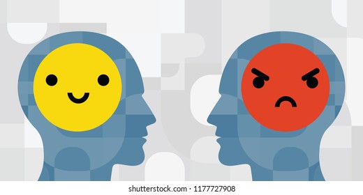 vector illustration of two people with angry and happy faces for complicated relationship or communicating problems concept