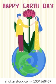 Vector illustration of two people with big flowers on Earth. Flat style illustration to Earth day