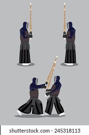Vector Illustration of two people in black protective armor and helmet holding bamboo sword in kendo sparring. They stand facing each other to get ready, then step out to strike an attack.