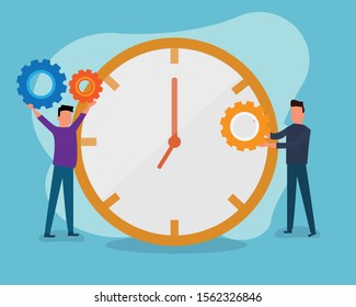 Vector illustration, Two people build clock.