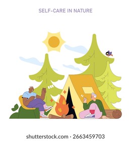 Ilustração vetorial de duas pessoas acampando na natureza, desfrutando de uma fogueira e marshmallows assados. Situado em um cenário de árvores e um sol brilhante, promovendo o relaxamento.