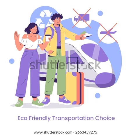 Vector illustration of two people choosing eco-friendly transportation. They are in front of a train, holding a credit card and ticket, promoting green travel alternatives.