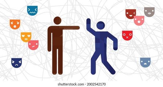 vector illustration of two people communication process with social masks and roles