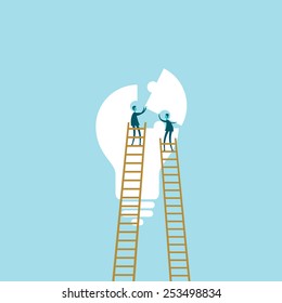 Vector illustration of two people composing a light bulb puzzle.