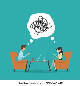 Vector Illustration Of Two People Confusing, Talking, Confusing, Scribble Line In Bubble, Bad Communication At The Cafe 