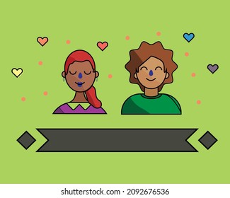 A Vector illustration of two people from different ethnicity and races in a relationship with space for text, Rekindling romance after breakup concept, online dating concept, multiracial concept.