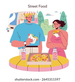 Vector illustration of two people eating street food at an outdoor table. They have relaxed and happy expressions, enjoying a pizza with drinks from a nearby food truck.