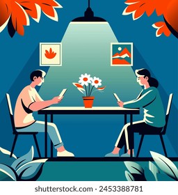 Vector illustration of two people in a caf� engaged with their smartphones, in a modern setting with plants and a relaxed atmosphere