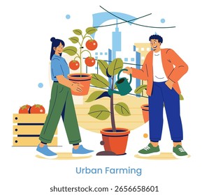 Ilustração vetorial de duas pessoas envolvidas na agricultura urbana, alegremente tendendo a plantas em vasos com tomates. O cenário destaca a jardinagem comunitária em um ambiente urbano.
