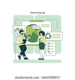 Ilustração vetorial de duas pessoas envolvidas em uma discussão sobre sustentabilidade. Eles estão em frente a um mundo com gráficos e ícones, com foco em tópicos ambientais e reciclagem.